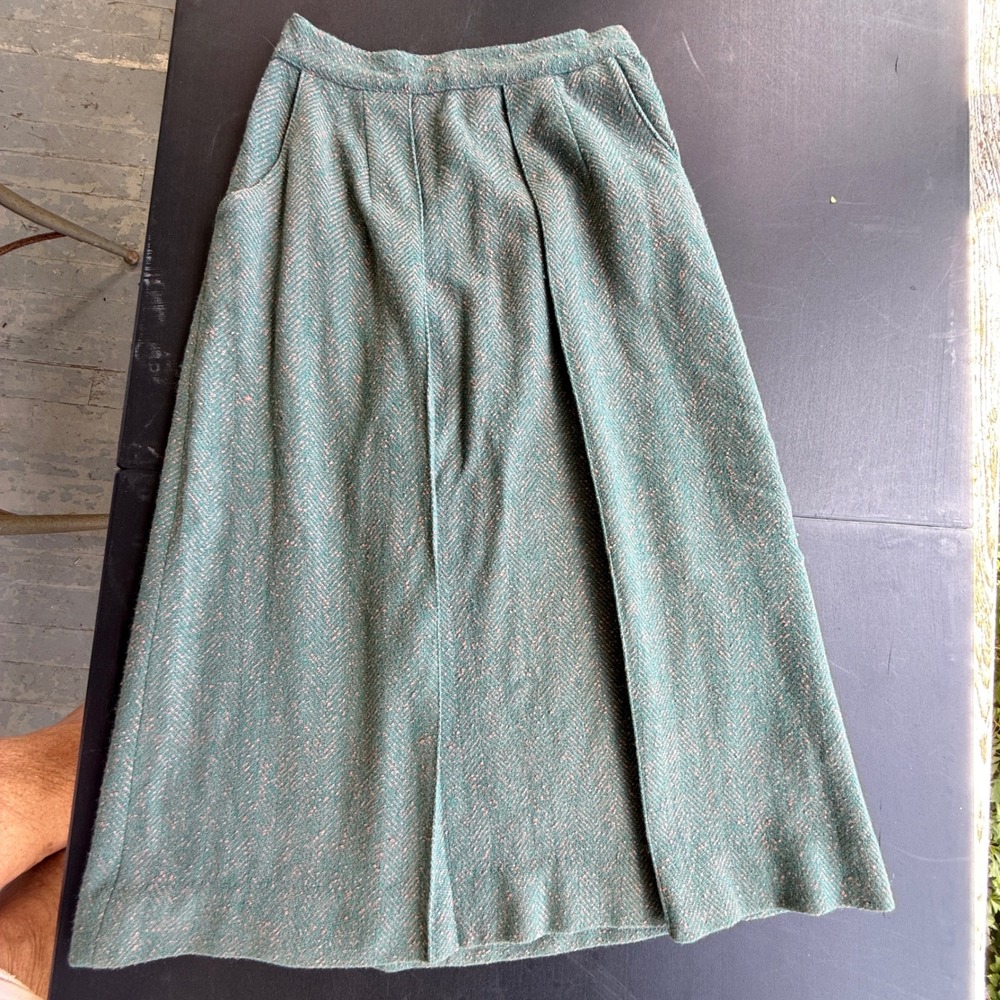Vintage Cronies Teal Pink Herringbone Wool Midi Skirt Size 12 1970s High Waist